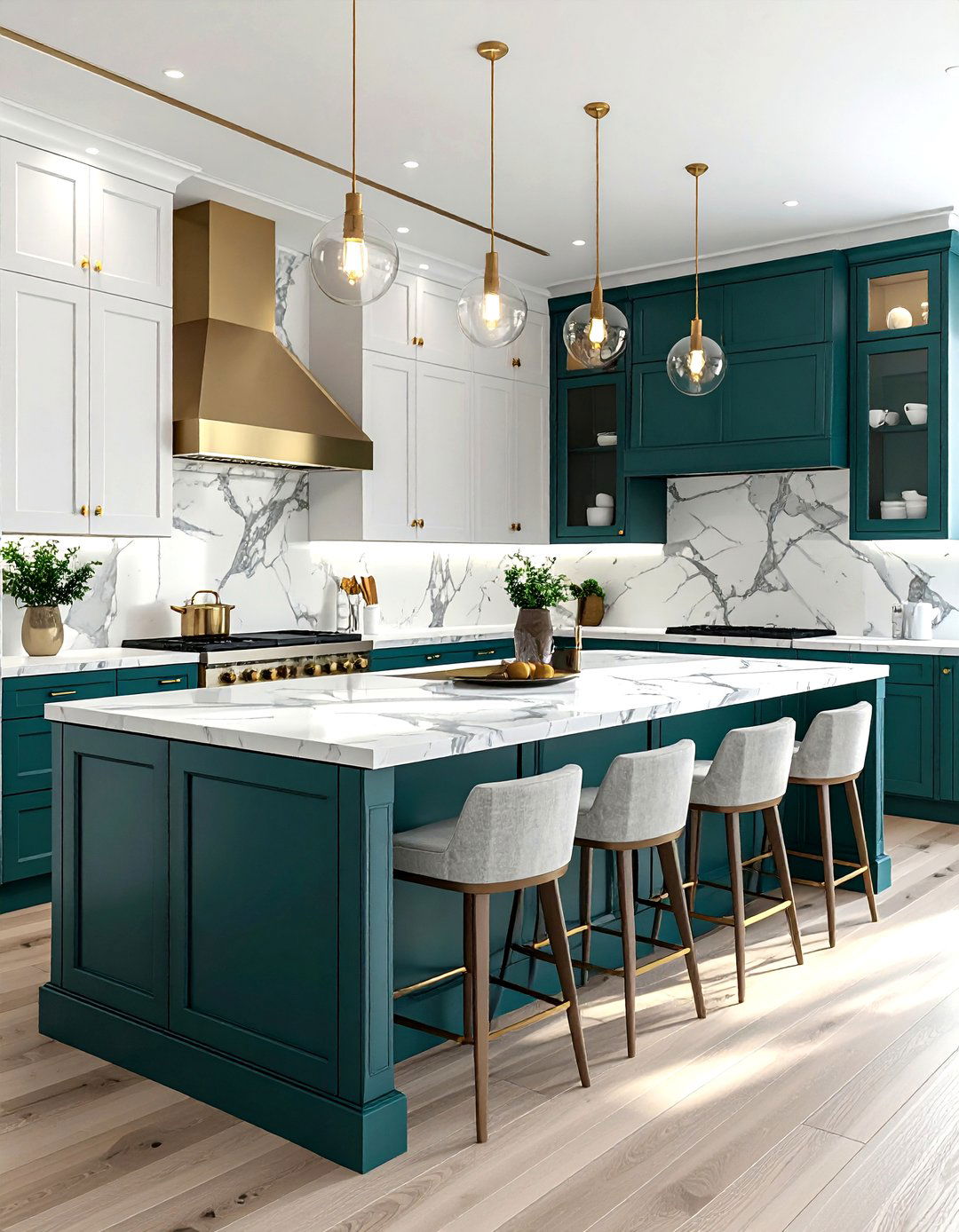 Teal Island Marble Top - 30 cool teal kitchen ideas
