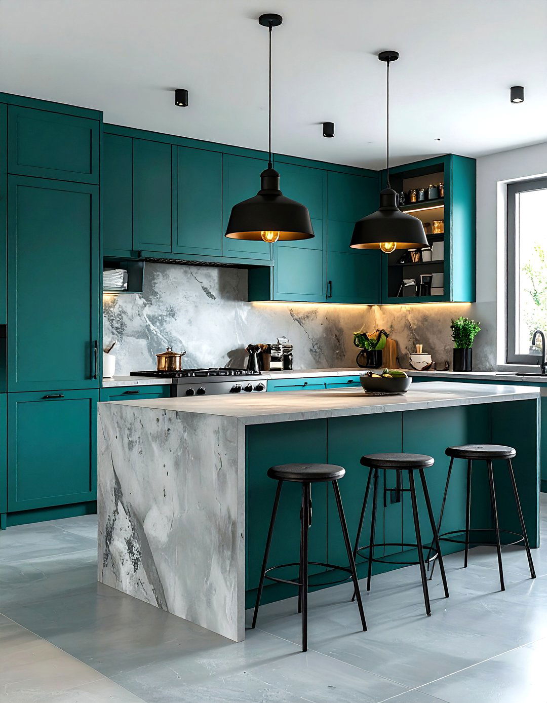 Teal Kitchen With Industrial Lighting - 30 teal kitchen ideas
