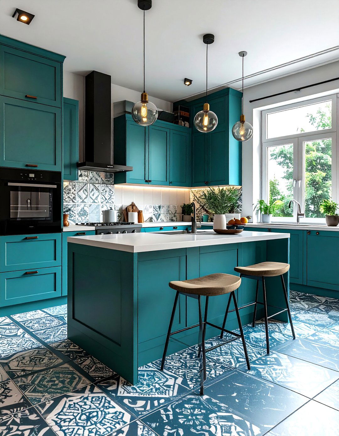 Teal Kitchen With Patterned Floor Tiles - 30 teal kitchen ideas