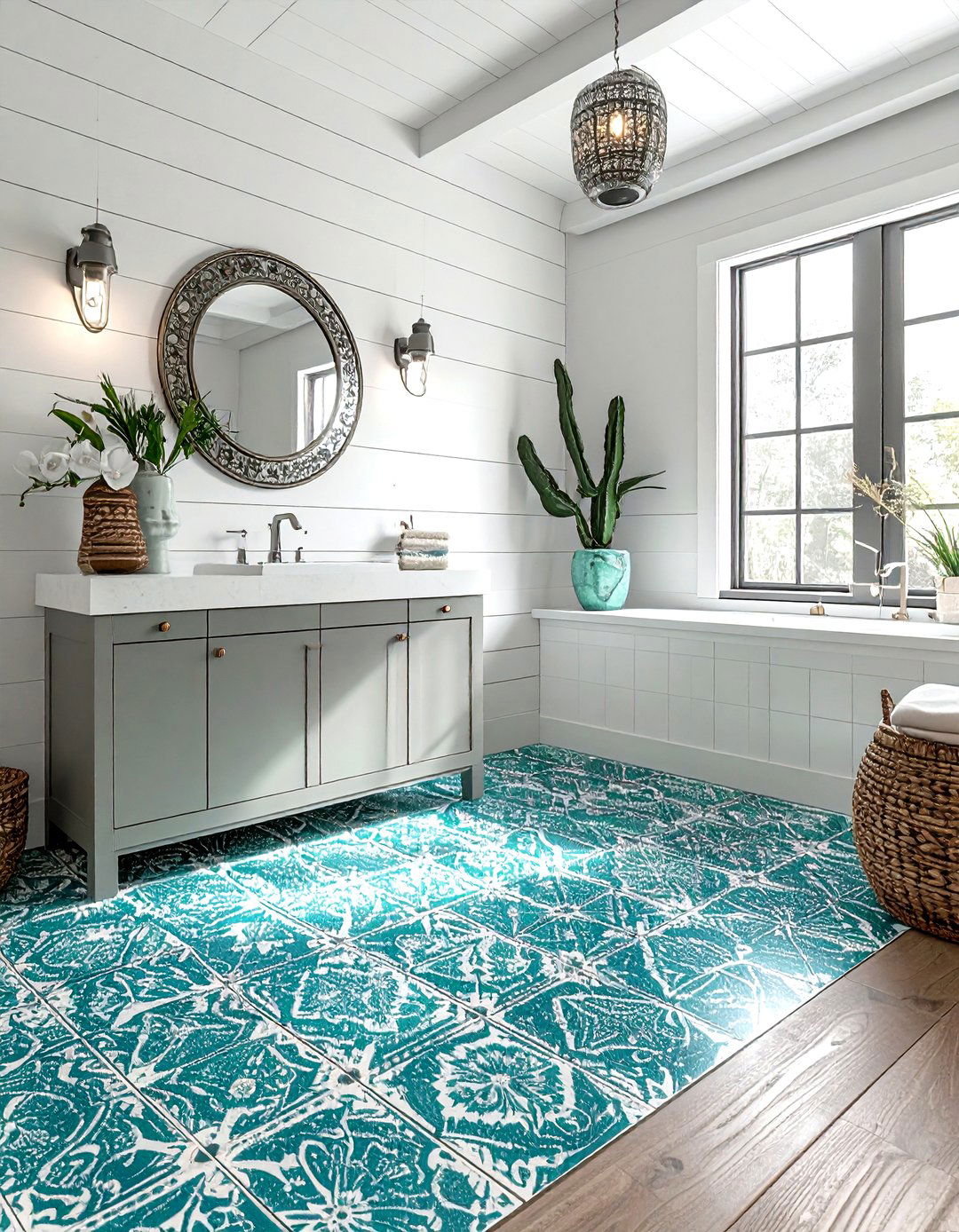 Teal Patterned Floor Tile - 30 teal bathroom ideas