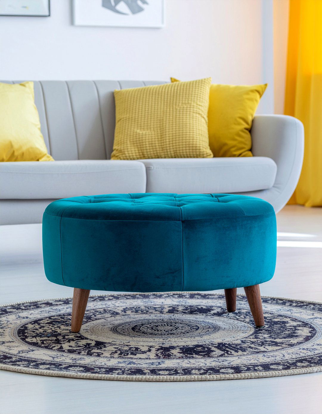 Teal Tufted Round Ottoman - 30 living room tufted ottoman ideas