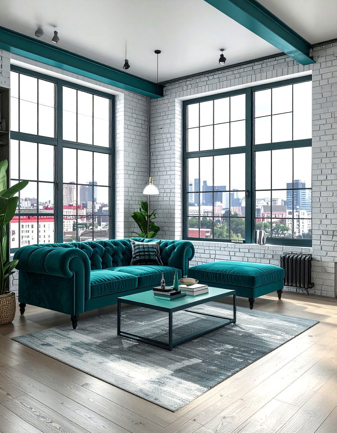 Teal Window Frame Industrial Style - 30 industrial teal living room ideas