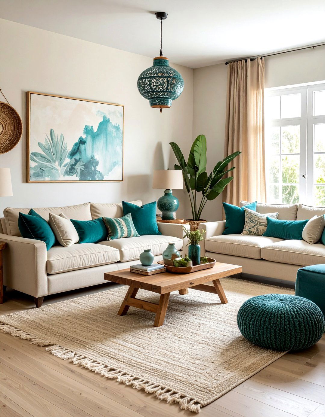 Teal and beige boho living room - 30 bohemian teal living room ideas