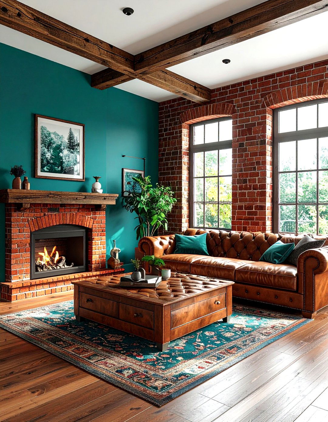 Teal and brick living room - 30 farmhouse teal living room ideas