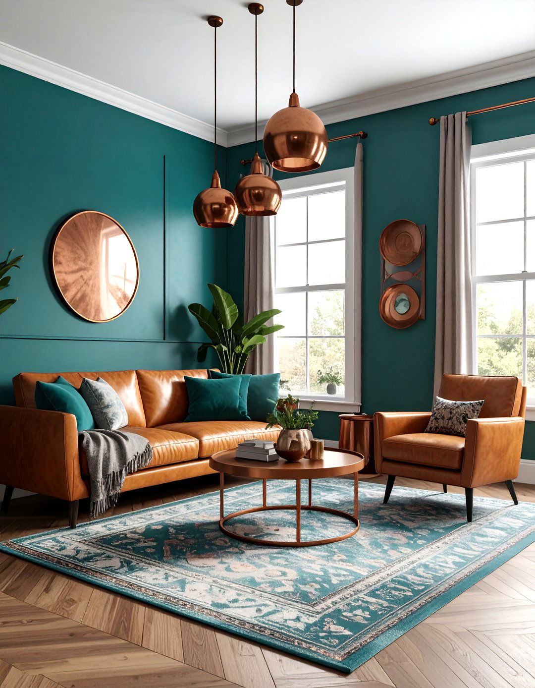 Teal and copper boho living room - 30 bohemian teal living room ideas