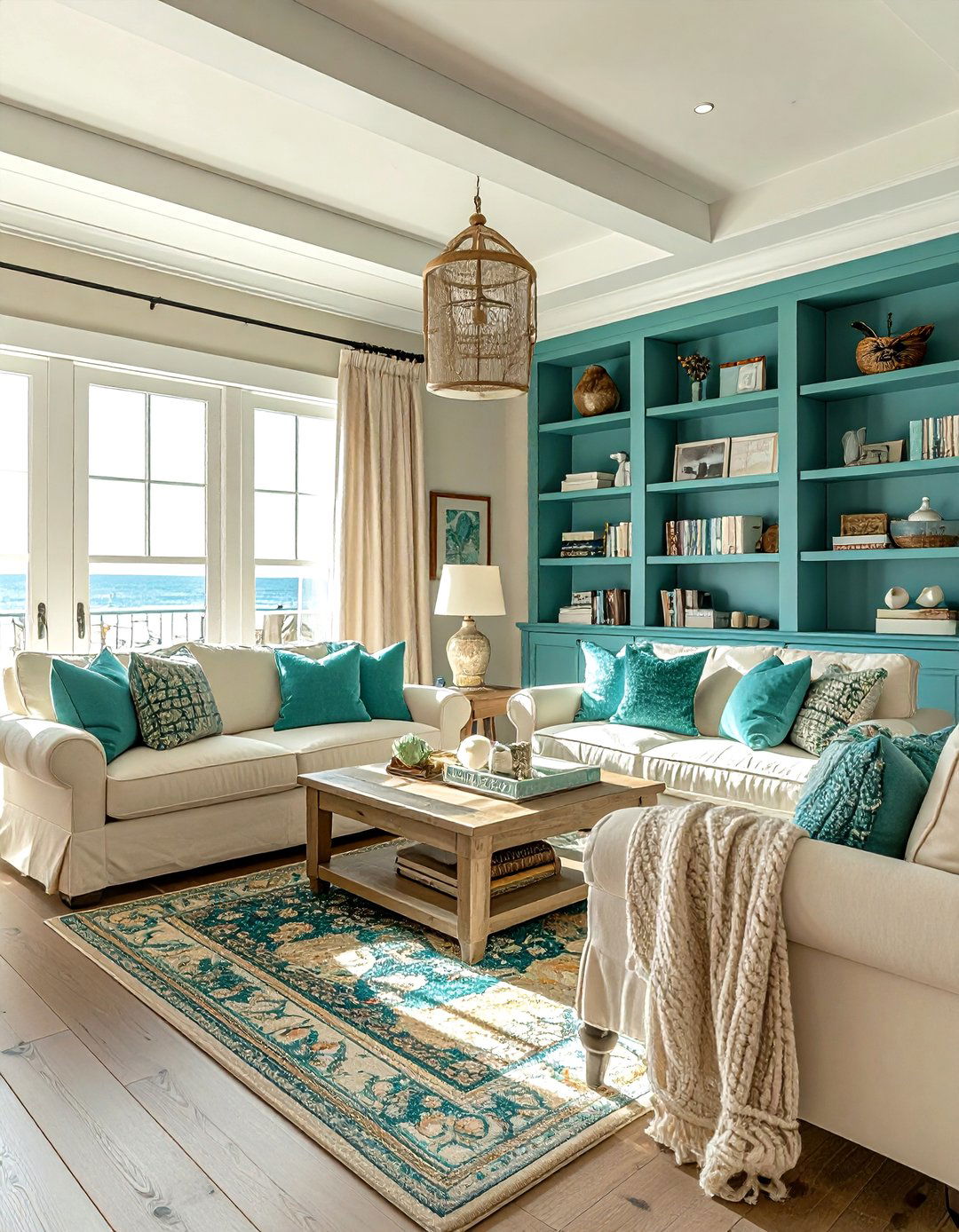 Teal and cream coastal living room - 30 coastal teal living room ideas