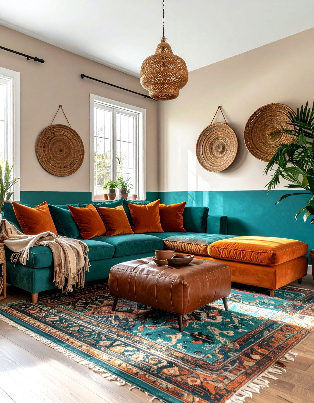 Teal and orange boho living room - 30 bohemian teal living room ideas