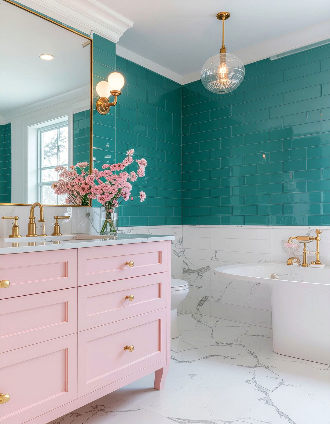 Teal and pink bathroom