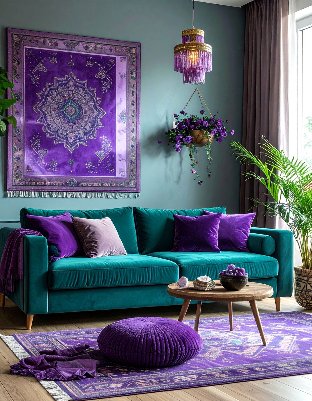 Teal and purple boho living room - 30 bohemian teal living room ideas