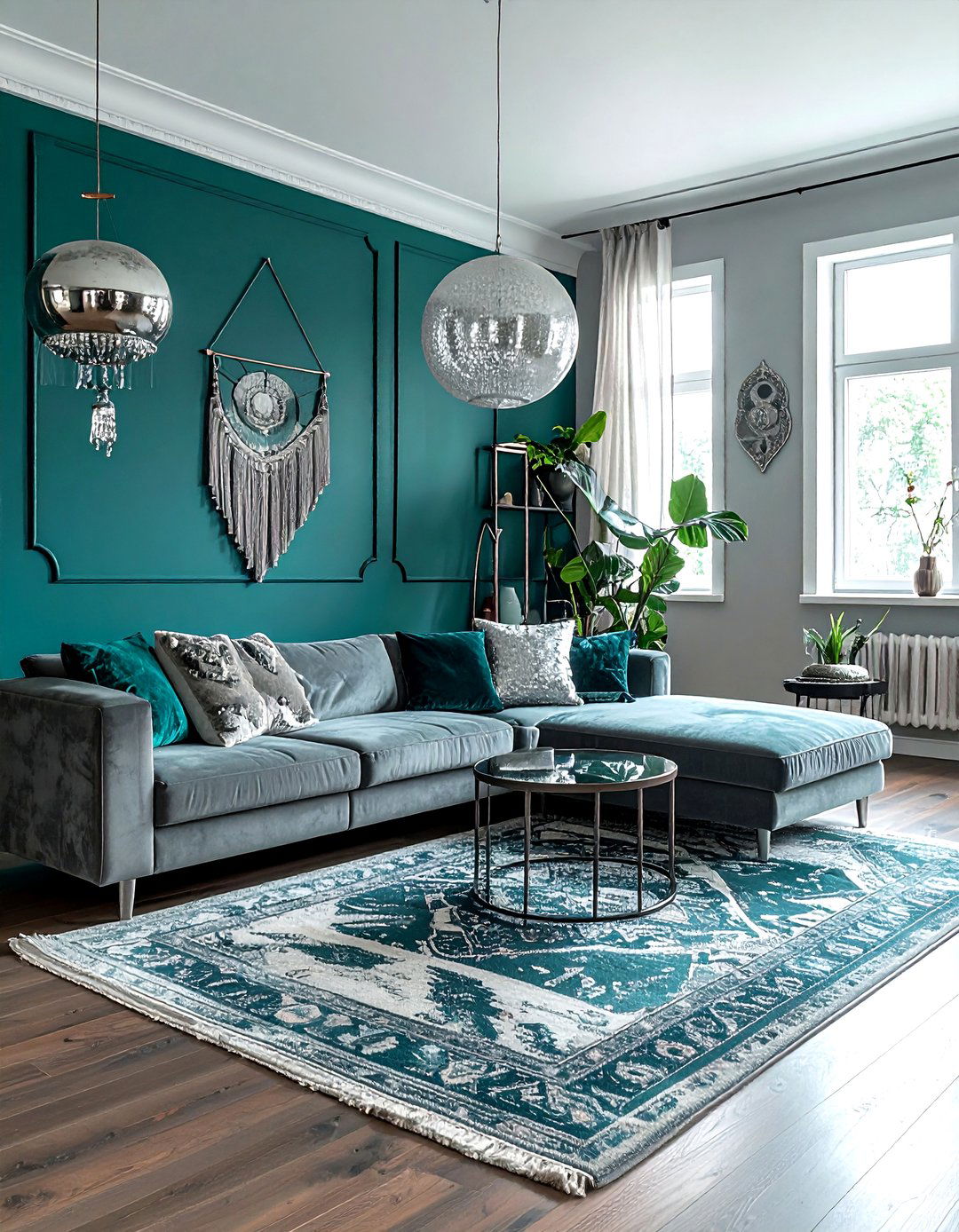 Teal and silver boho living room - 30 bohemian teal living room ideas