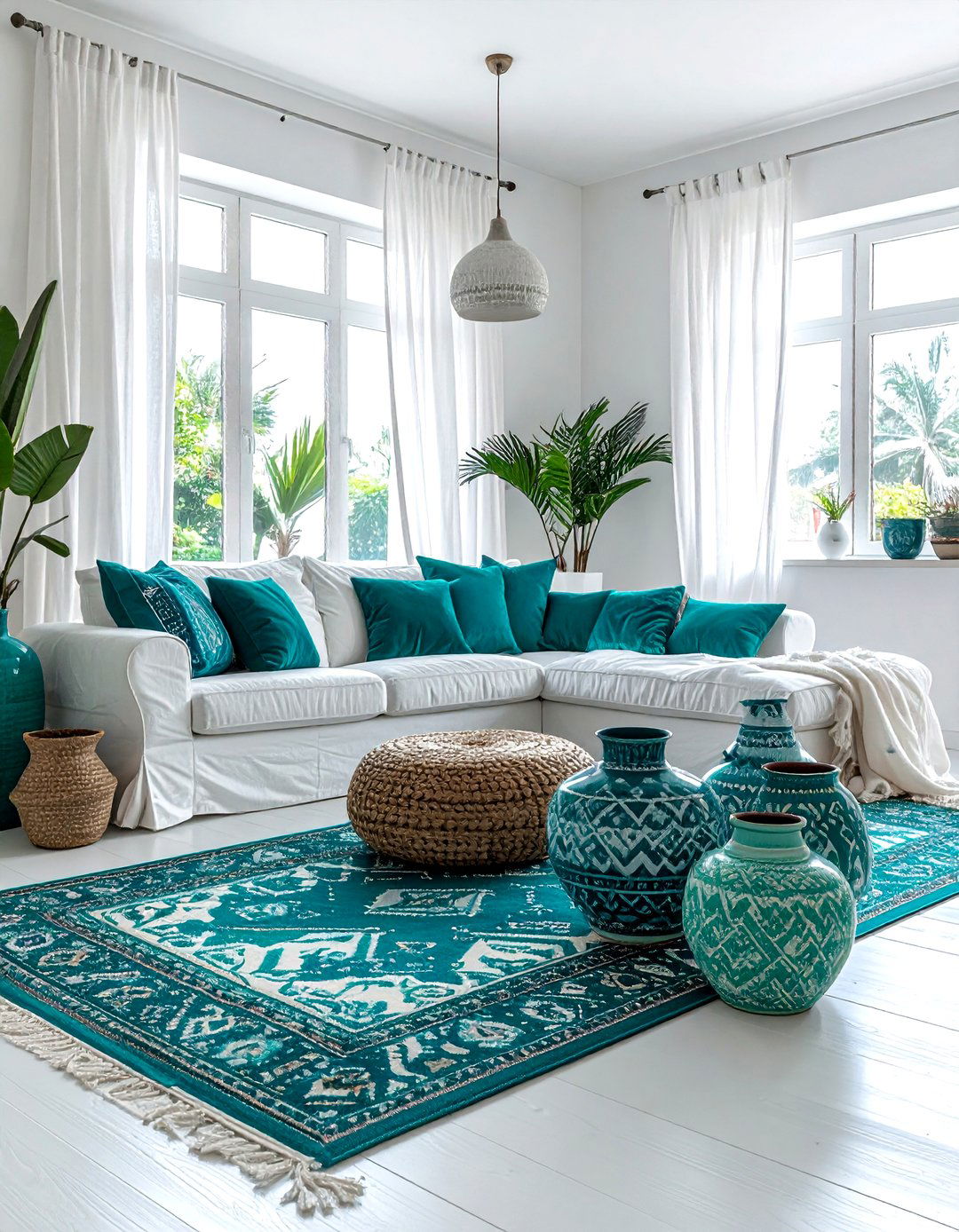 Teal and white boho living room - 30 bohemian teal living room ideas