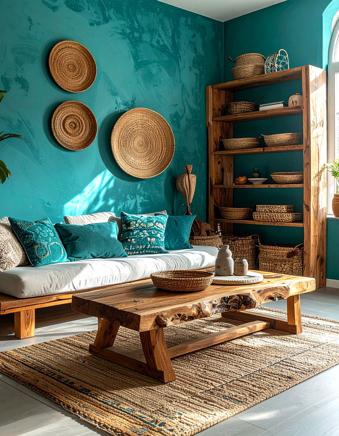 Teal and wood boho living room - 30 bohemian teal living room ideas