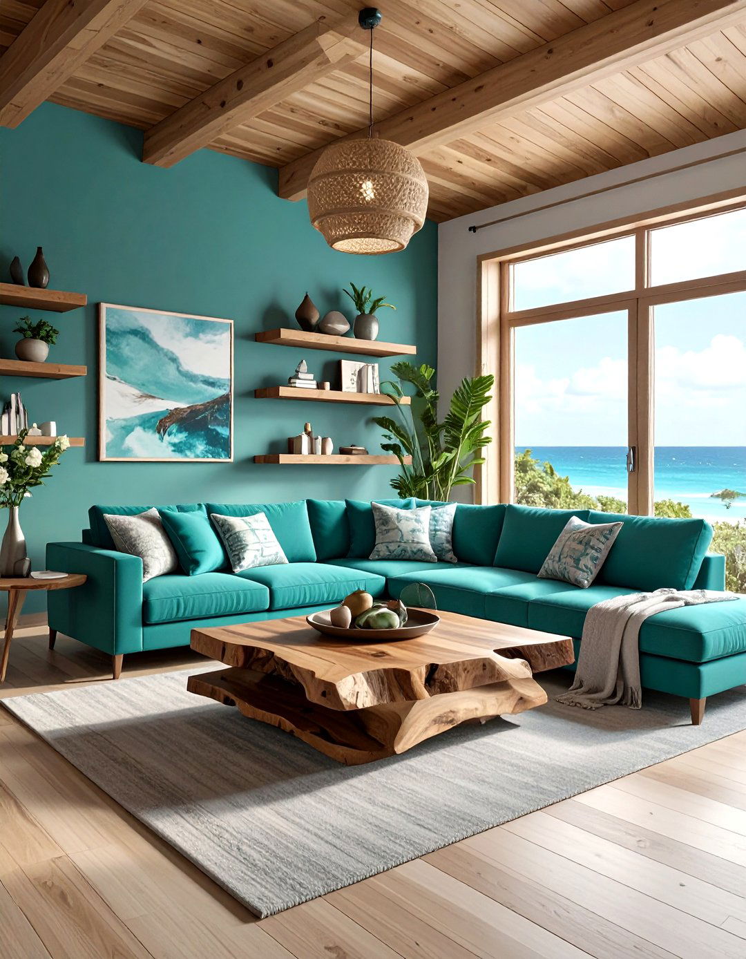Teal and wood coastal living room - 30 coastal teal living room ideas