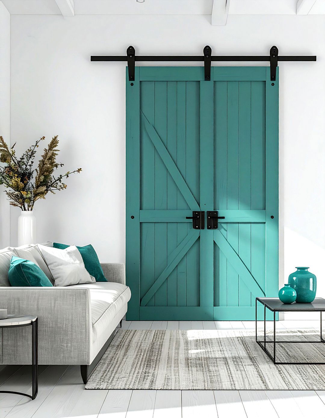 Teal barn door - 30 farmhouse teal living room ideas