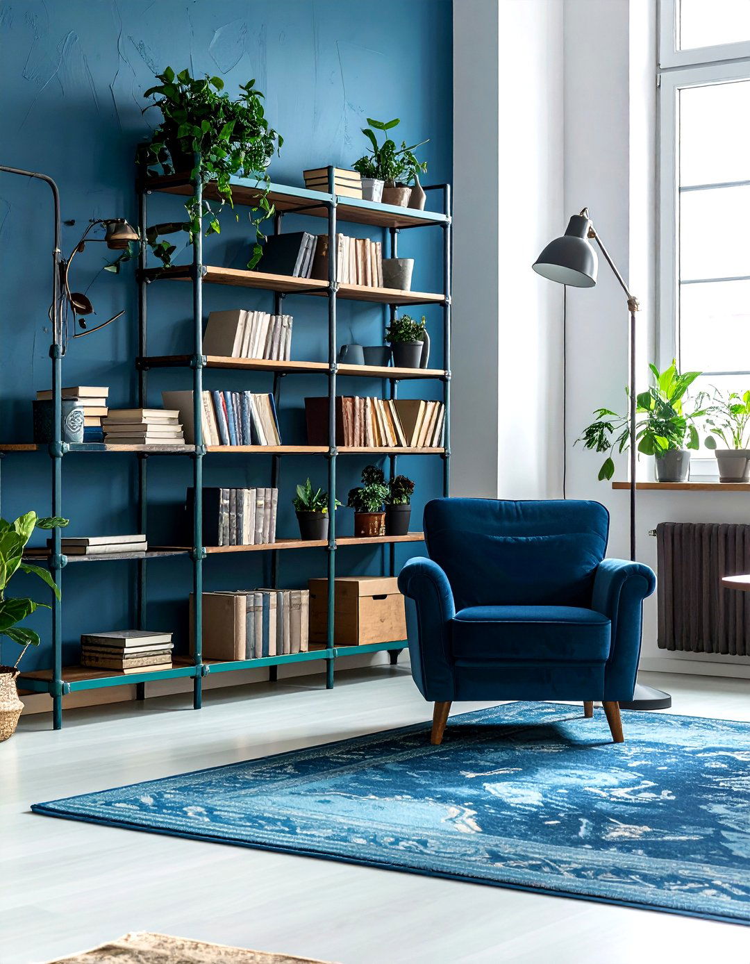 Teal blue industrial bookshelf living room - 30 industrial blue living room ideas