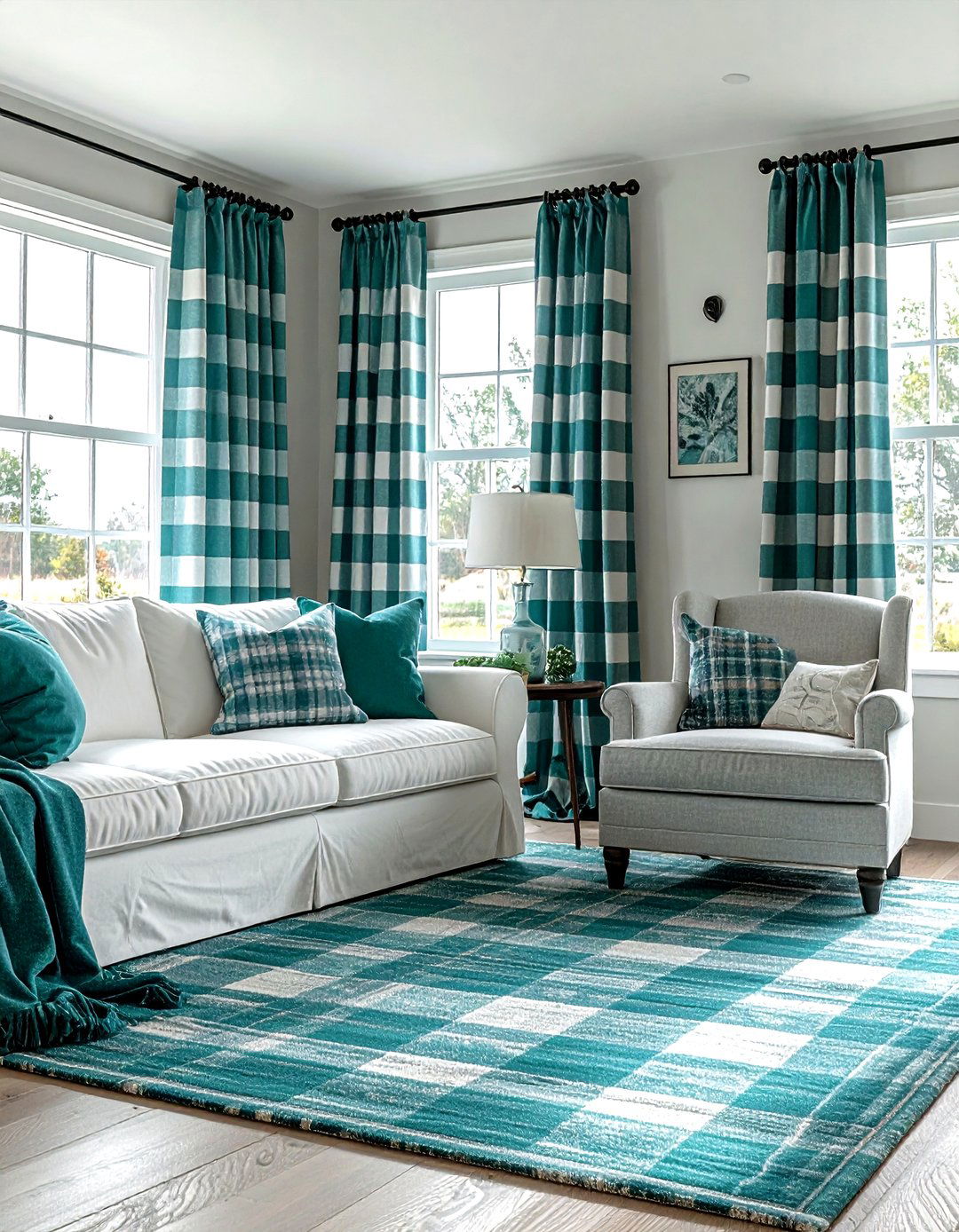 Teal buffalo check decor - 30 farmhouse teal living room ideas