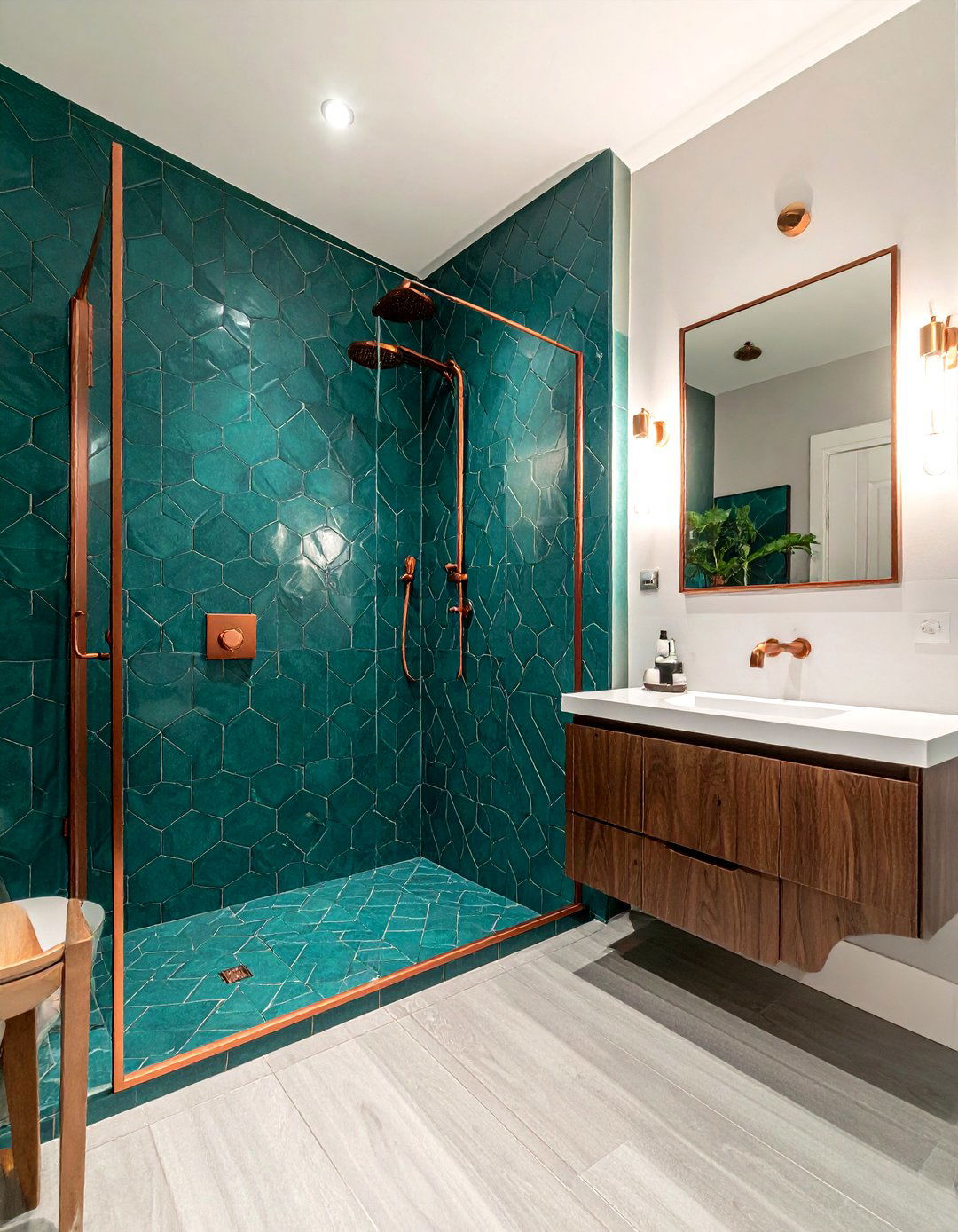 Teal cement tile walk in shower - 30 cement tile bathroom ideas