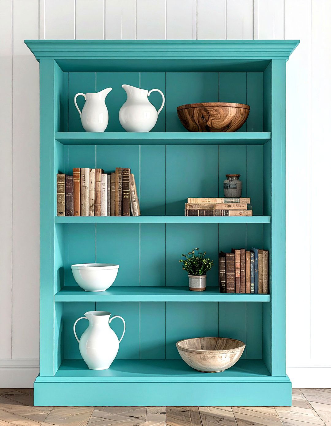 Teal farmhouse bookshelf - 30 farmhouse teal living room ideas