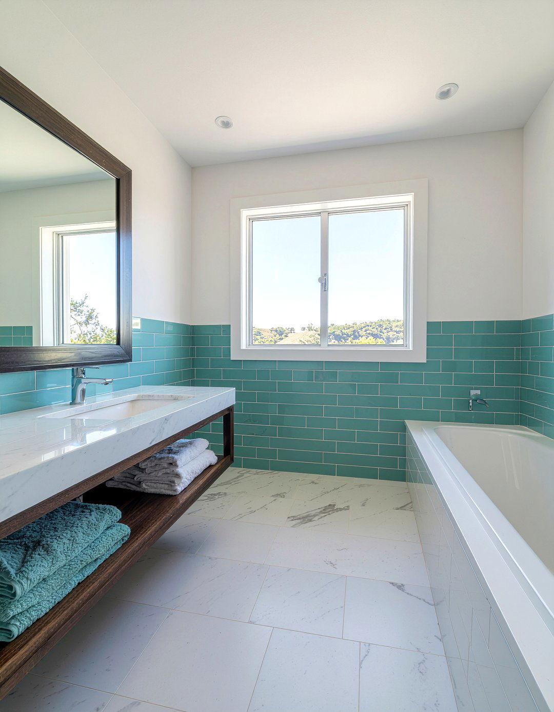Teal glass subway tile - 30 floor to ceiling tile bathroom ideas