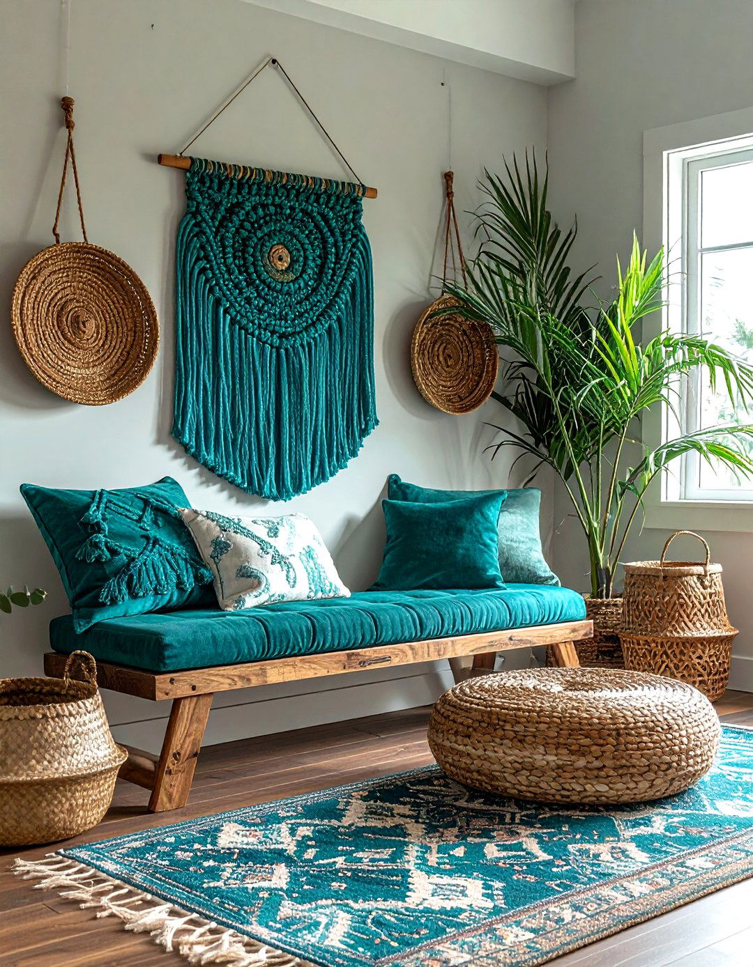 Teal green macrame hanging - 30 bohemian green bedroom ideas