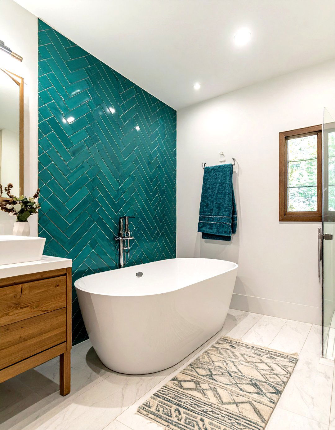 Teal herringbone mosaic bathroom - 30 small tile bathroom ideas