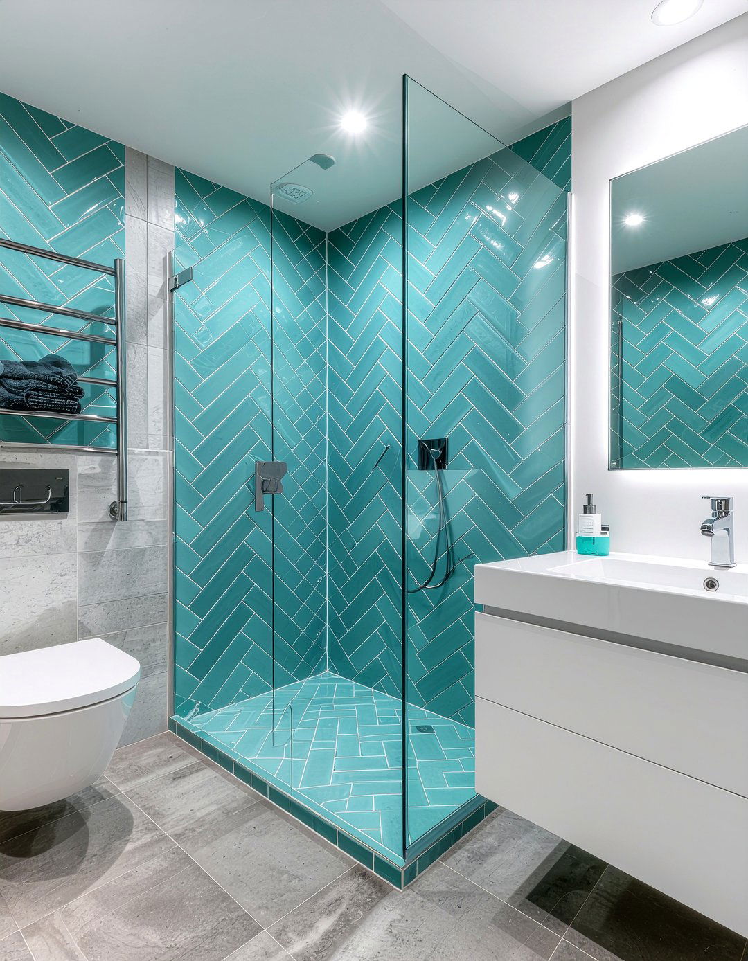 Teal herringbone tile bathroom - 30 cool teal bathroom ideas
