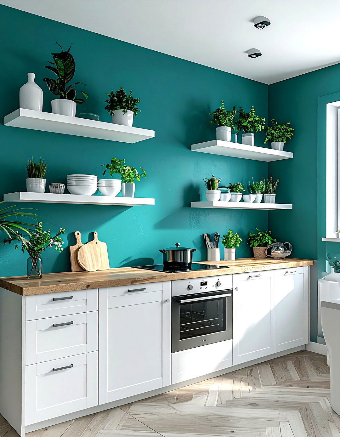 Teal kitchen accent wall white shelves - 30 teal and white kitchen ideas