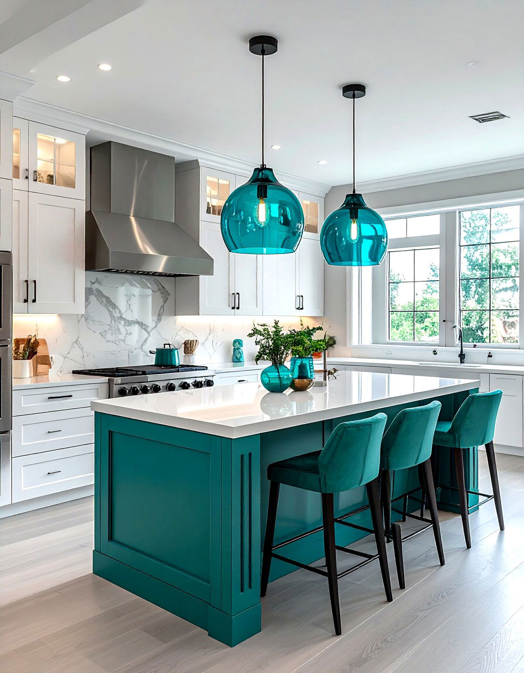 Teal kitchen lighting white island - 30 teal and white kitchen ideas