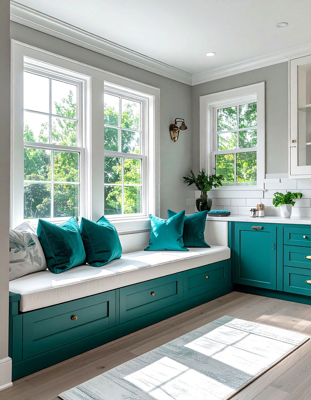 Teal kitchen window seat white cushions - 30 teal and white kitchen ideas