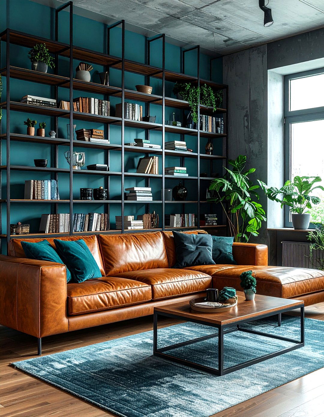 Teal metal shelving living room - 30 industrial blue living room ideas