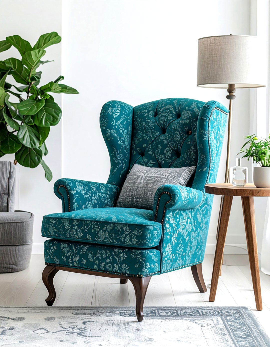 Teal patterned armchair - 30 farmhouse teal living room ideas