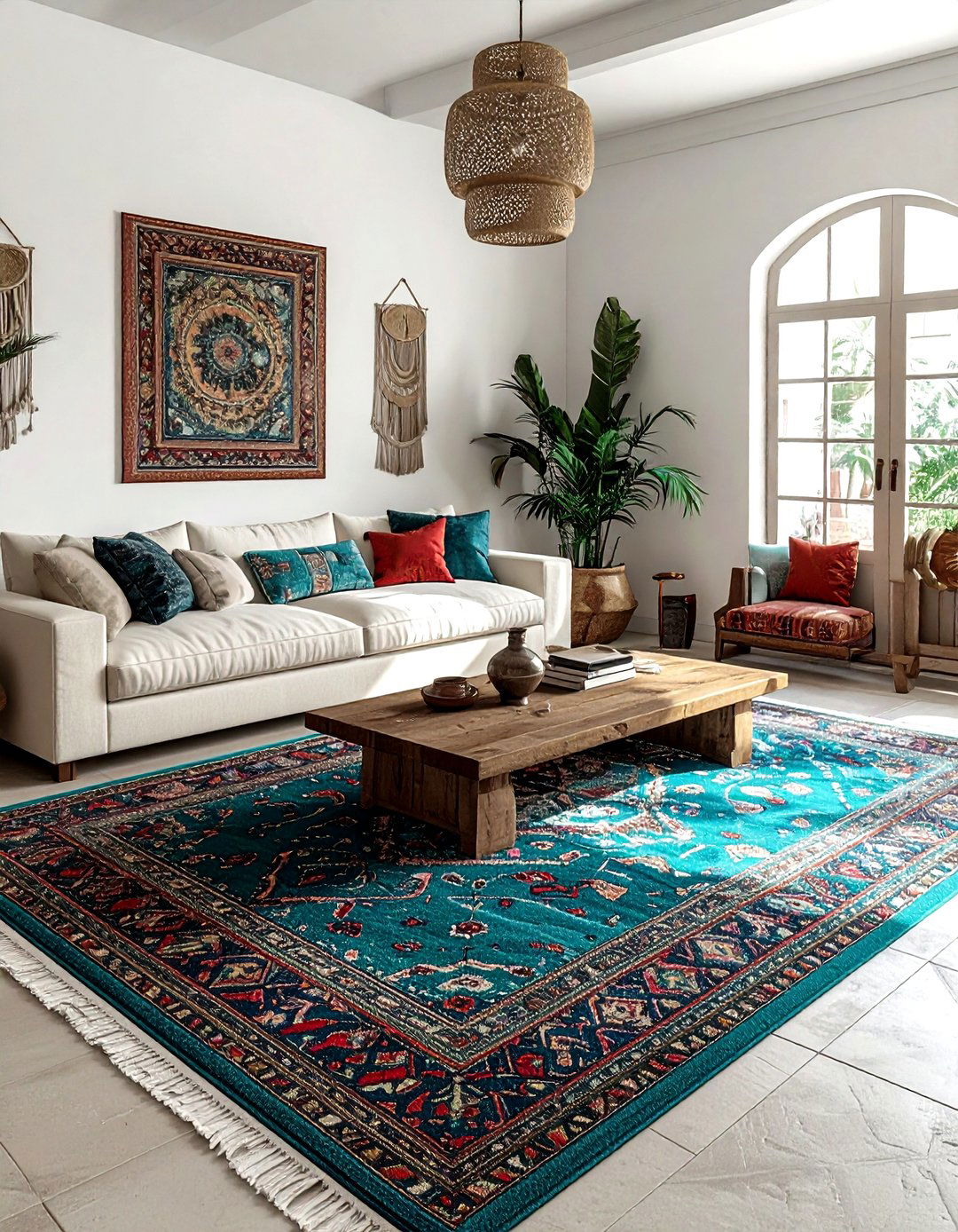 Teal patterned rug boho living room - 30 bohemian teal living room ideas