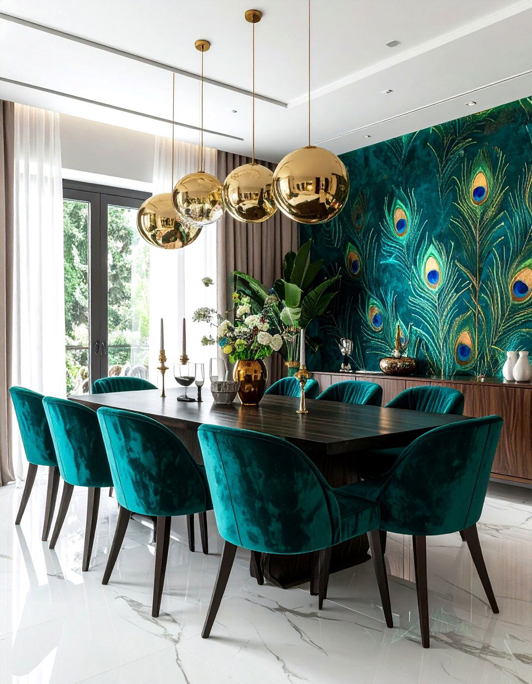 Teal peacock dining room - 30 bold wallpaper dining room ideas