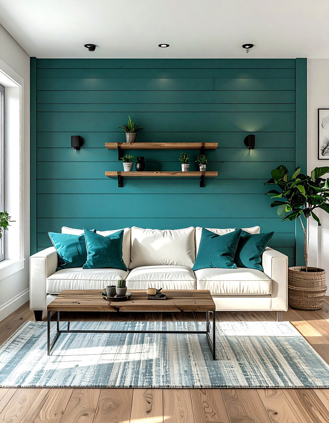 Teal shiplap accent wall - 30 farmhouse teal living room ideas
