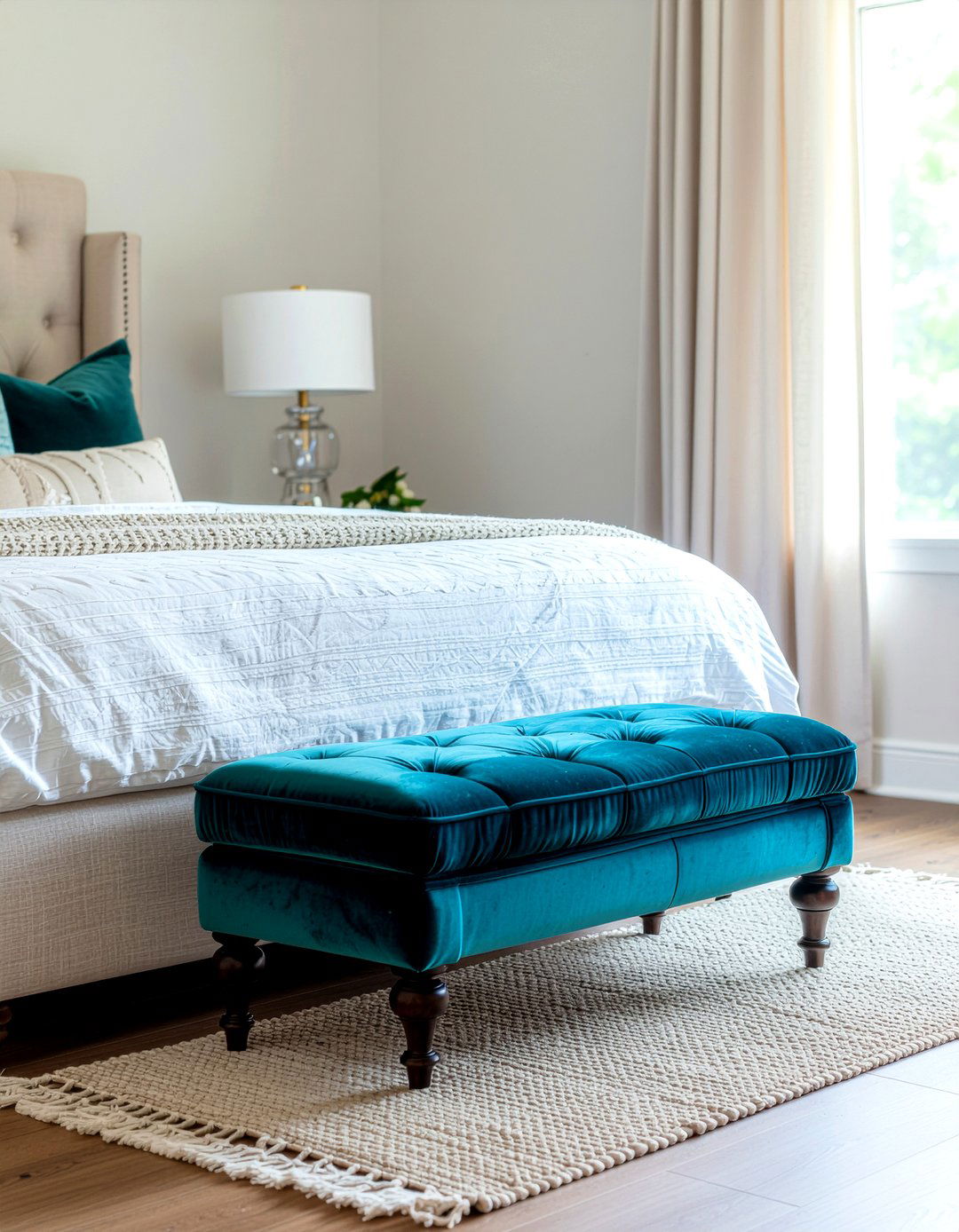 Teal velvet ottoman - 30 velvet bedroom ideas