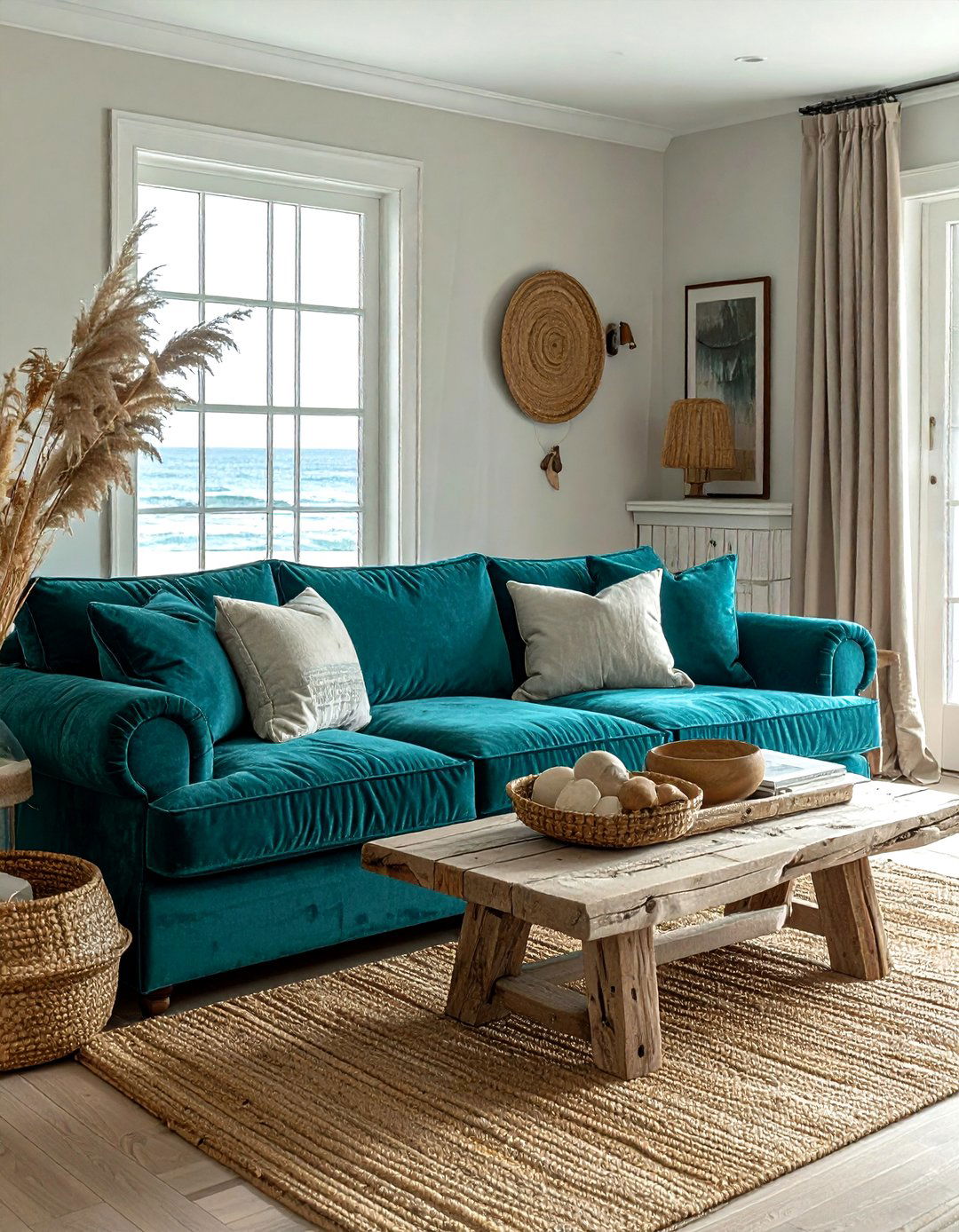 Teal velvet sofa coastal living room - 30 coastal teal living room ideas