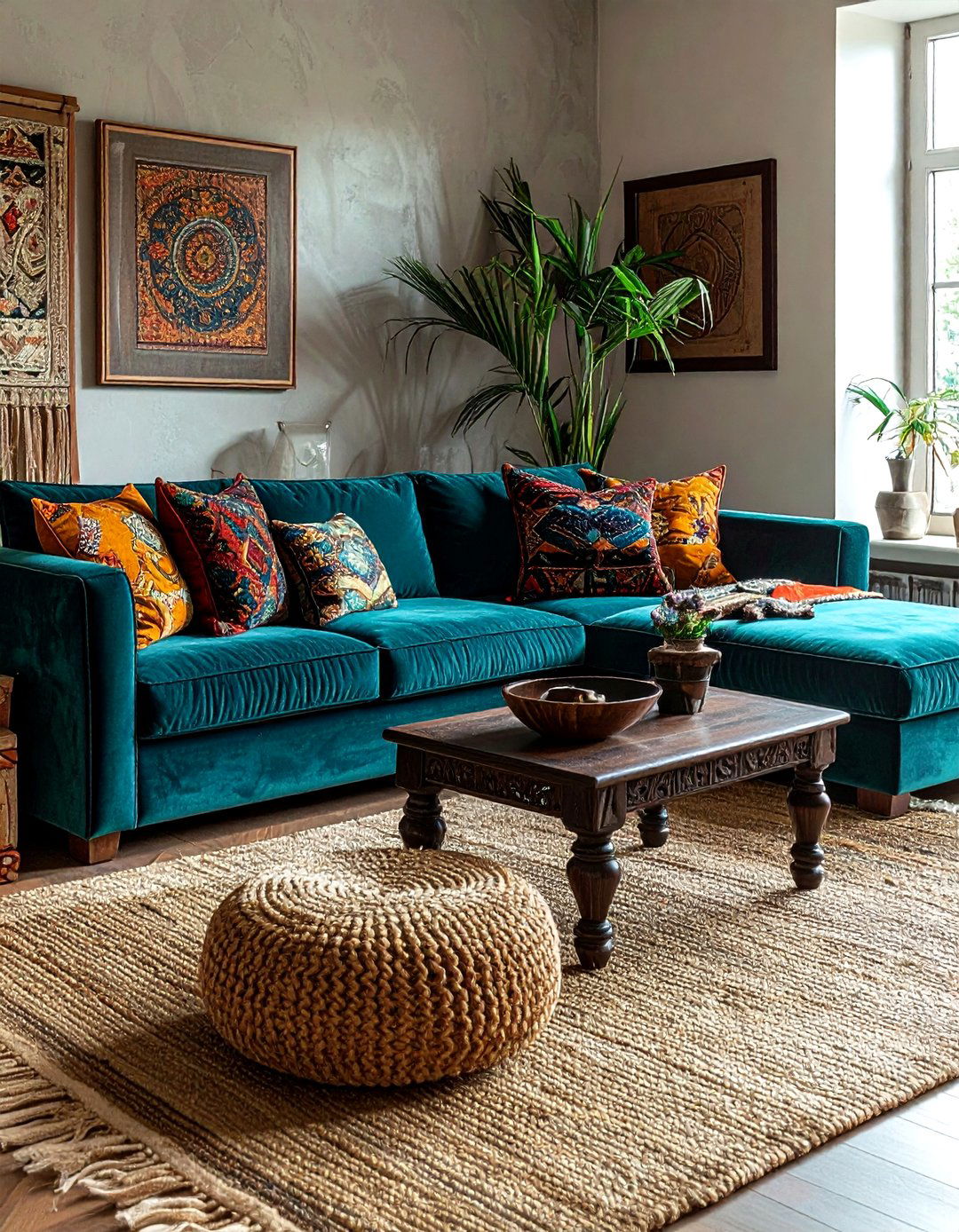 Teal velvet sofa living room - 30 bohemian teal living room ideas
