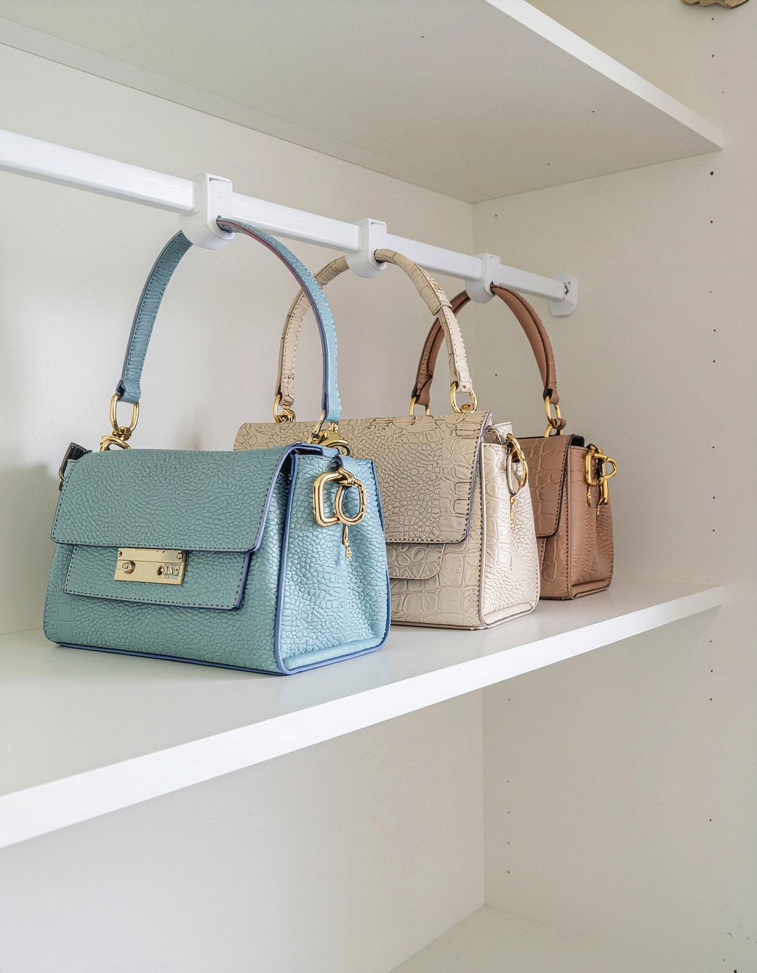 Tension rod bag divider - 30 bedroom bag storage ideas