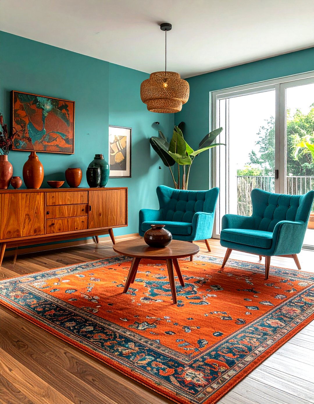 Terracotta Teal Modern Living Room - 30 cool color scheme ideas