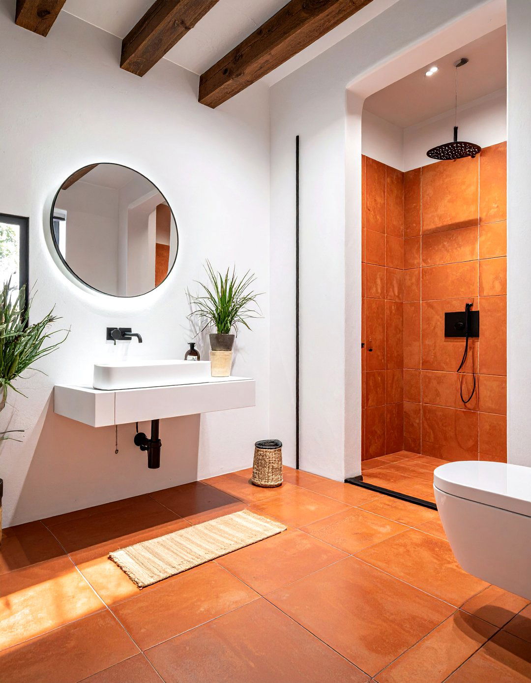 Terracotta Tile Bathroom - 30 orange and white bathroom ideas