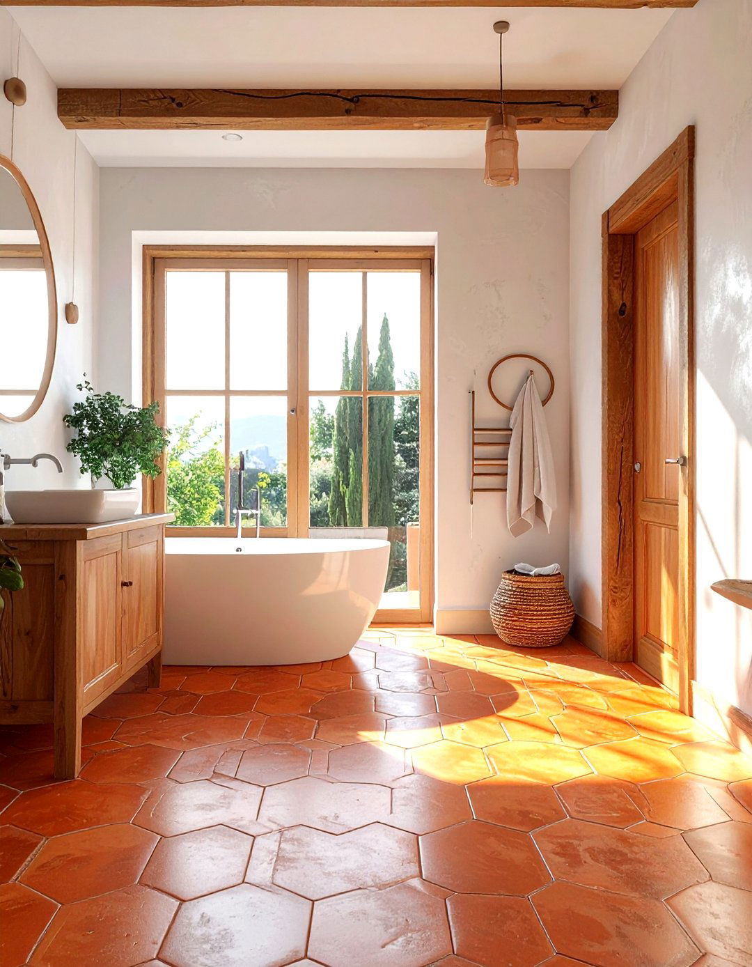 Terracotta Tile Floor - 30 cozy bathroom ideas