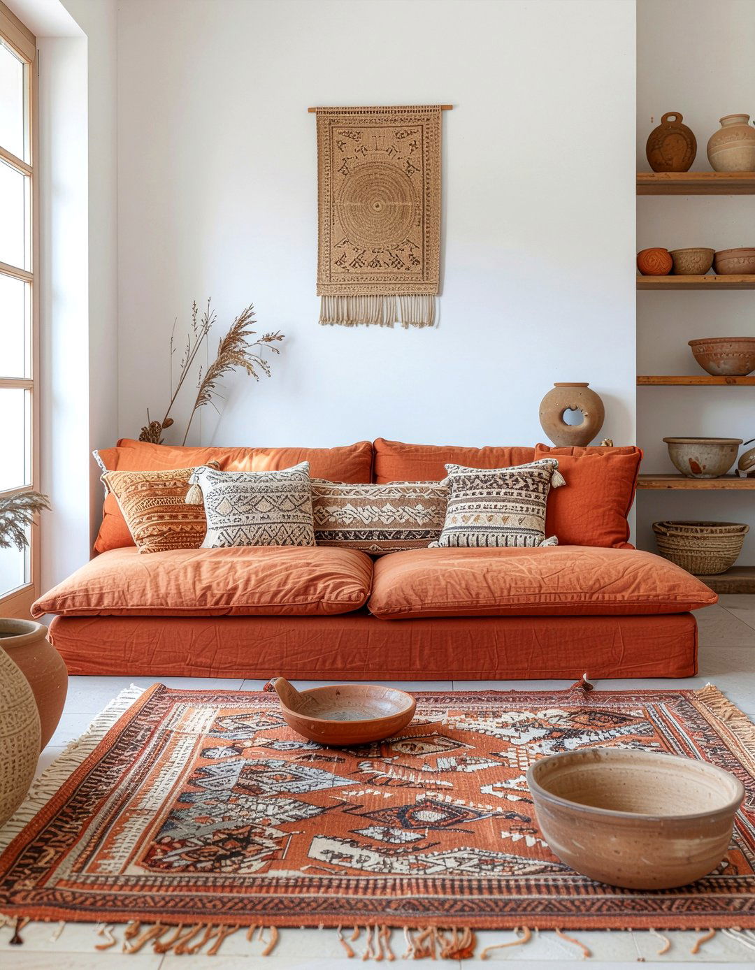 Terracotta fabric pit couch - 30 living room pit sofa ideas