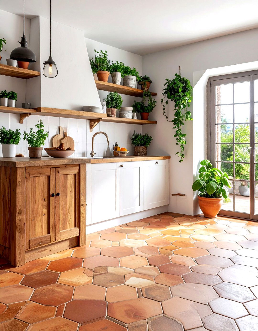 Terracotta hexagon floor tile - 30 patterned floor kitchen ideas