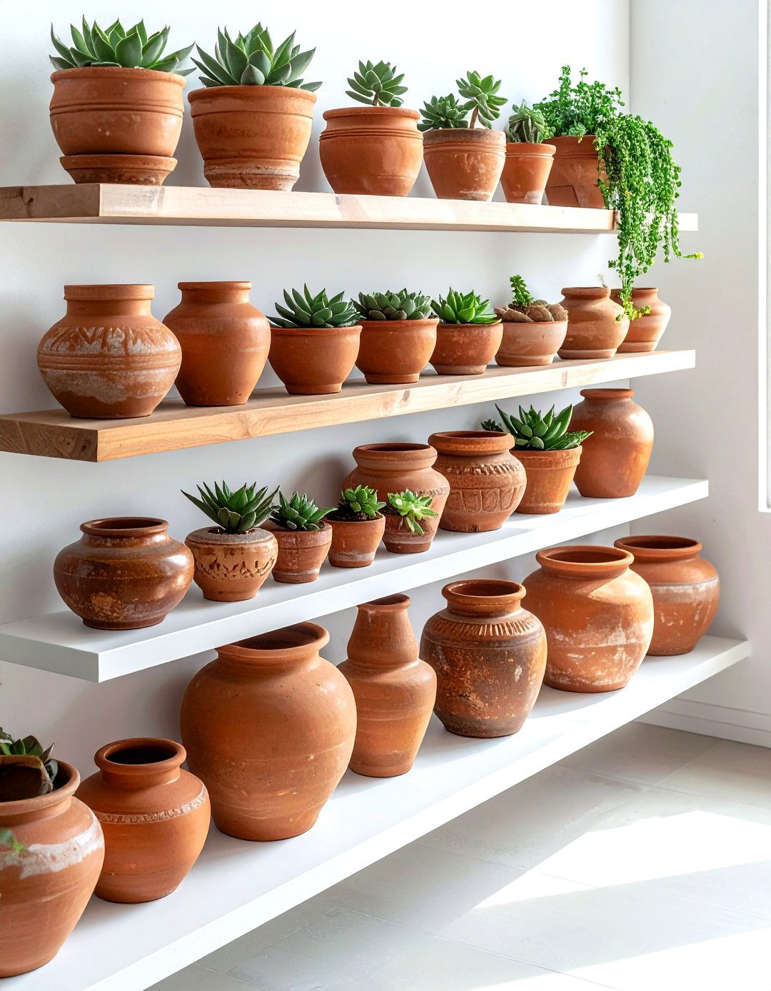 Terracotta pottery display - 30 textured decor ideas