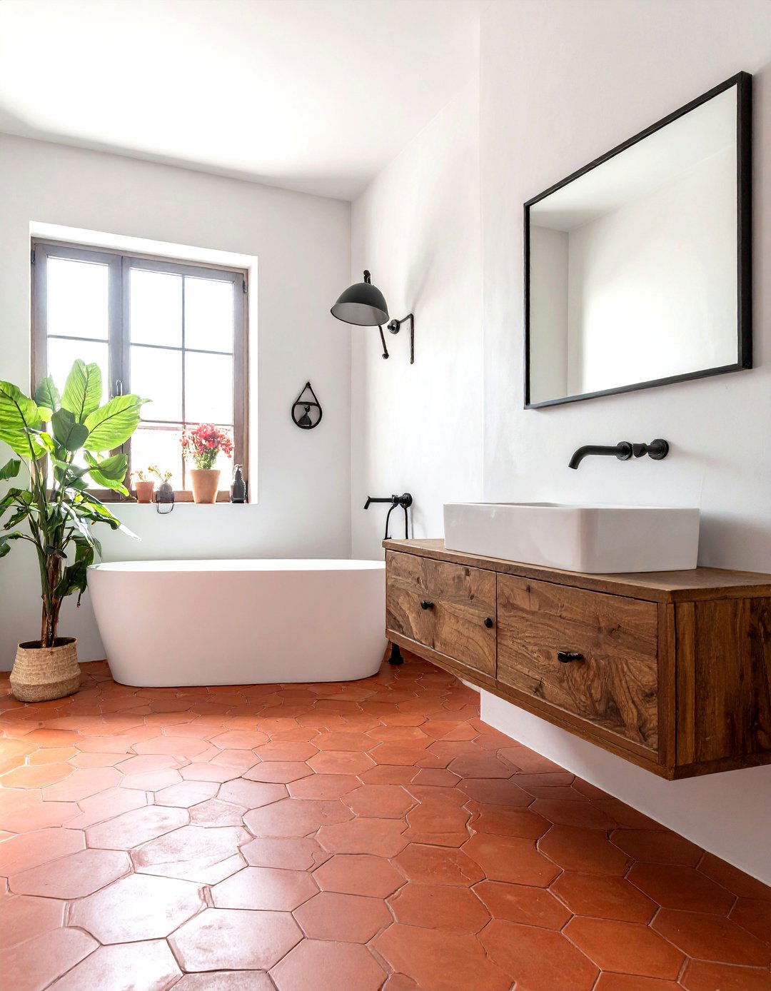 Terracotta small hex tiles - 30 small tile bathroom ideas