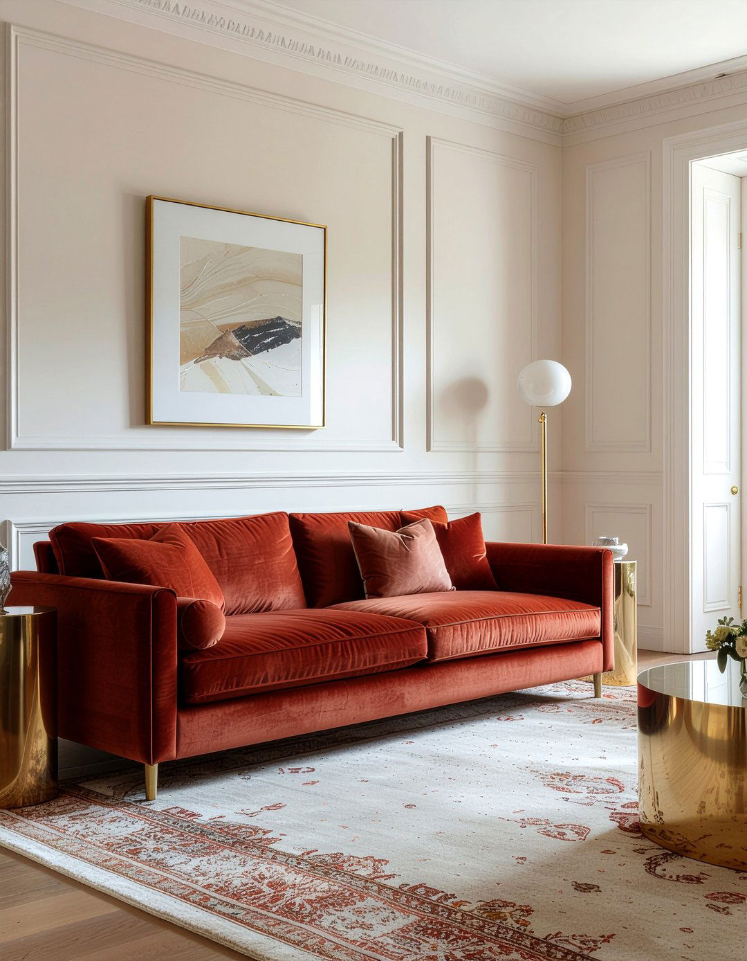 Terracotta velvet sofa - 30 terracotta living room ideas