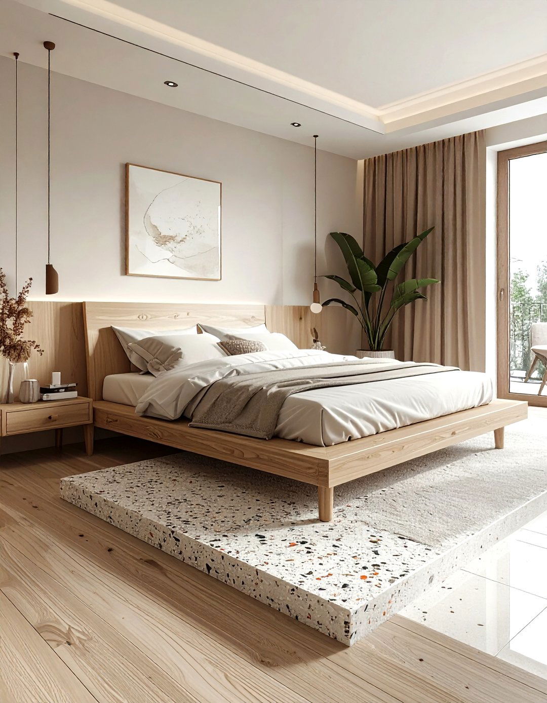 Terrazzo and light wood - 30 mixed material bedroom ideas