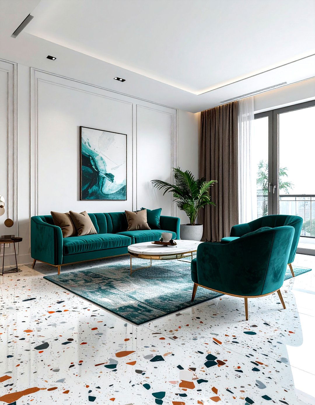 Terrazzo and solid color living room - 30 living room pattern mixing ideas