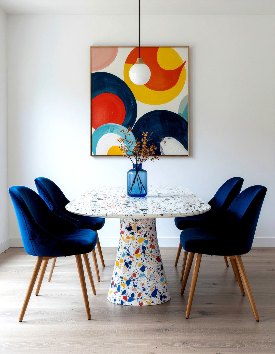 Terrazzo and velvet dining room - 30 dining room material mixing ideas