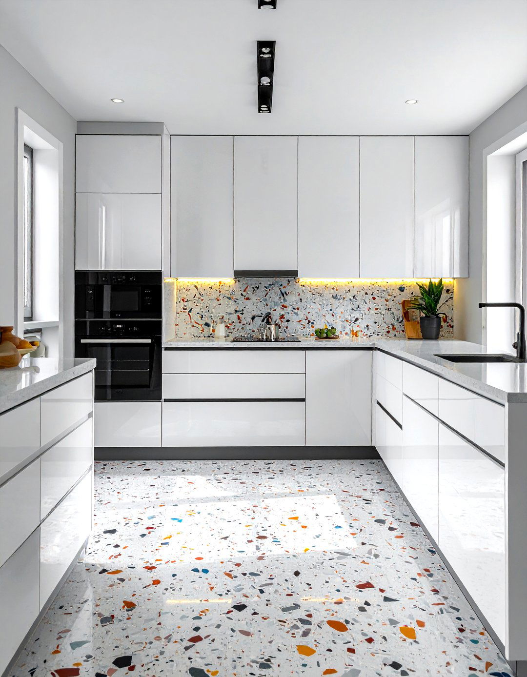 Terrazzo floor white cabinets - 30 terrazzo floor kitchen ideas